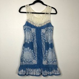 Free People Chambray mini dress lace detail boho bandana print sleeveless ruffle